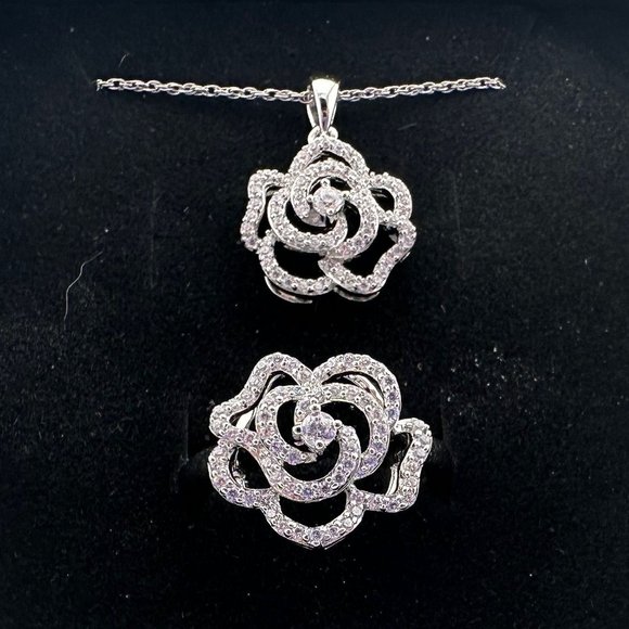Shining White Sapphire Ring and Pendant Set - Sterling Silver with 18" Chain - Picture 1 of 14